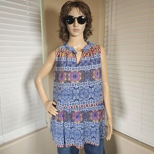 Harper 241 Women 1X Blue Purple Geometric Medallion Tiered Sleeveless Blouse top